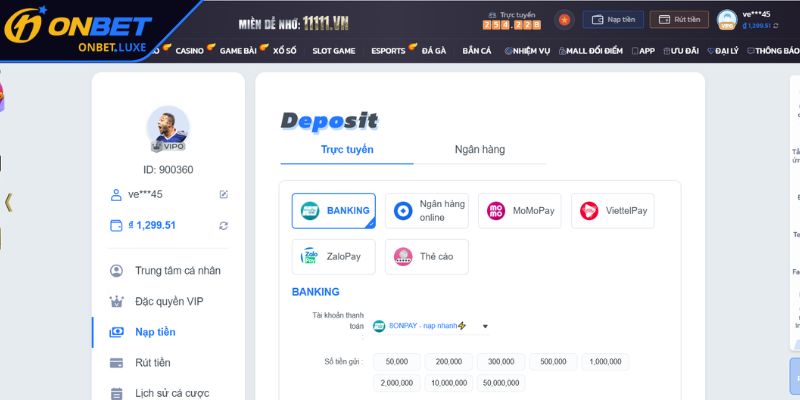 Cách nạp tiền tài khoản ONBET
