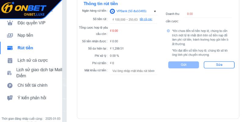 Hướng dẫn rút tiền ONBET trên máy tính