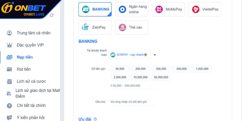 Xác thực và hoàn tất nạp tiền ONBET